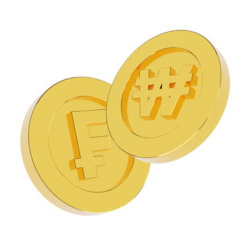 3D Rendering Two Gold Coins Franc and Korean Won Currency Pair KRW Forex Exchange Rate Finance Symbol Isolated on White Background