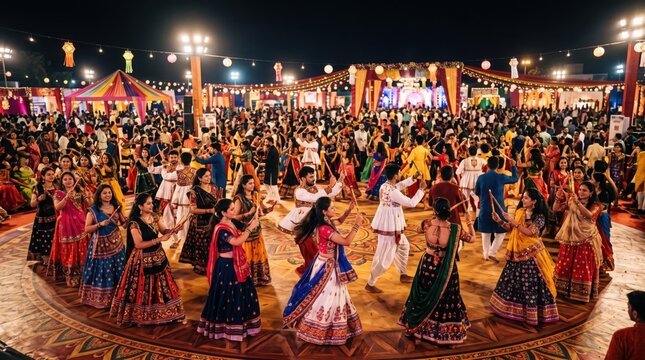 People dancing garba during navratri festival celebration in india at night with colorful traditional attire and festive decorations in a large open ground