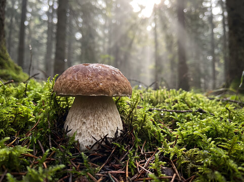 Wild Porcini Mushroom Boletus Edulis Emerging from Green Forest Moss