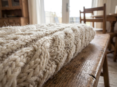 Extreme Macro of Chunky Knitted Wool Blanket Fibers on Wood Surface
