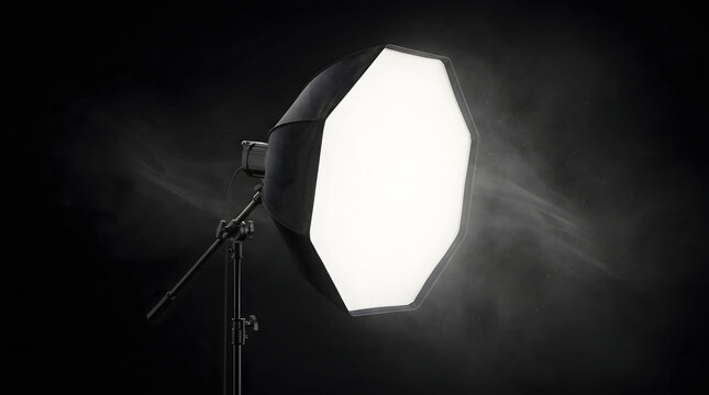 Professional studio octagonal softbox lighting equipment mounted on a stand, glowing brightly against a dark black background filled with atmospheric smoke and floating dust particles, perfect for...