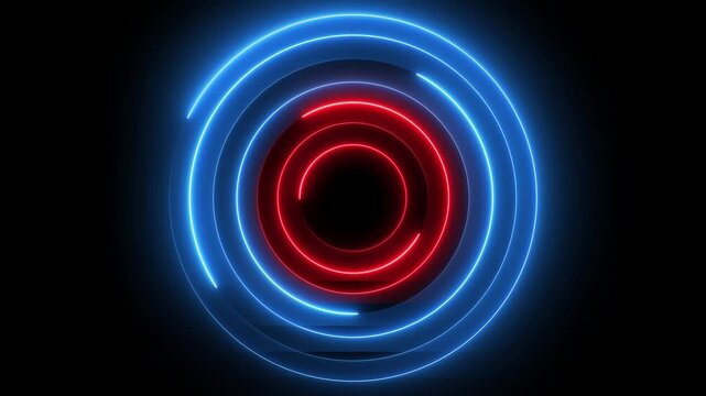 Glowing neon red and blue color circle frame background with loading bar icon animation eclipse rotation circular processing icon light effect seamless footage on black background	