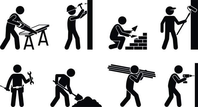 Construction Worker Stick Figure Icon Set Featuring Poses for Carpentry Painting Bricklaying Masonry and Renovation Labor for Home Improvement Infographic Designs