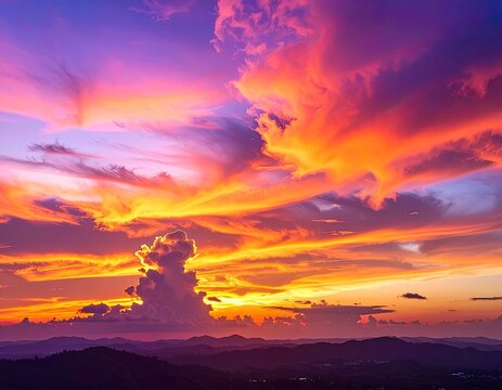 Vibrant sunset paints the sky with fiery hues over rolling hills.