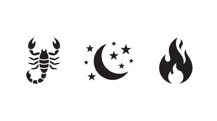 Obraz premium Scorpio zodiac sign with crescent moon and flame icons vector graphic