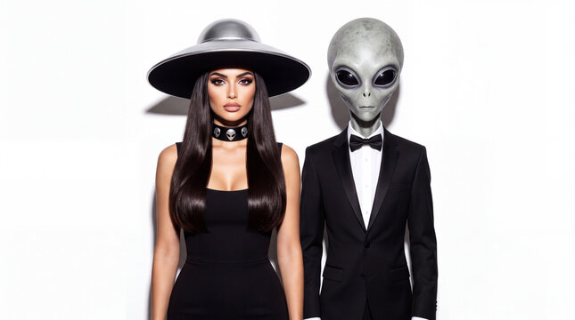 Stylish and highly unique fashion portrait of a woman wearing a UFO flying saucer brim hat and alien themed choker necklace next to an alien in a black tuxedo