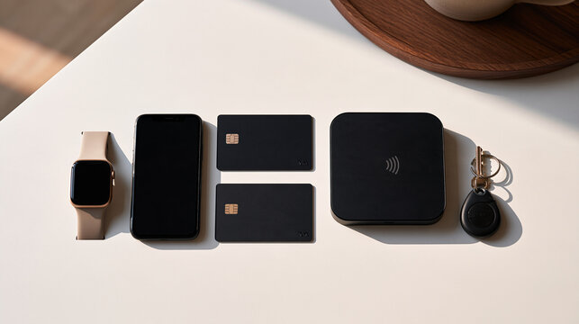 Symmetrical overhead shot of multiple payment devices laid beside a contactless reader &mdash; smartwatch, phone, card, key fob &mdash; on a minimalist desk, NFC enabled fintech concept