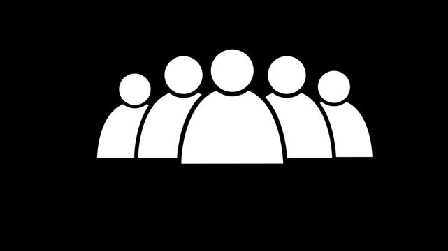 Groups of white figures increase in number across a black background
