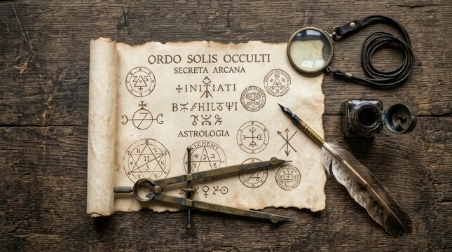 Flat lay of an ancient esoteric scroll with alchemical symbols and occult text on a rustic wooden table featuring antique tools like a brass compass, feather quill, inkwell, and magnifying glass.