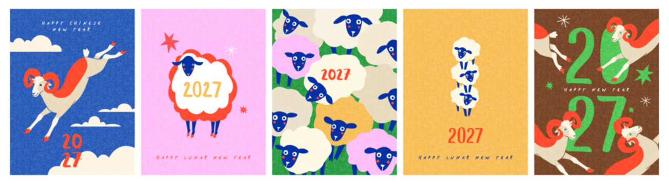 Chinese New Year 2027 greeting card design with playful sheep and goats illustrations, bold typography, colorful textured background and modern graphic style for posters, covers, packaging, apparel