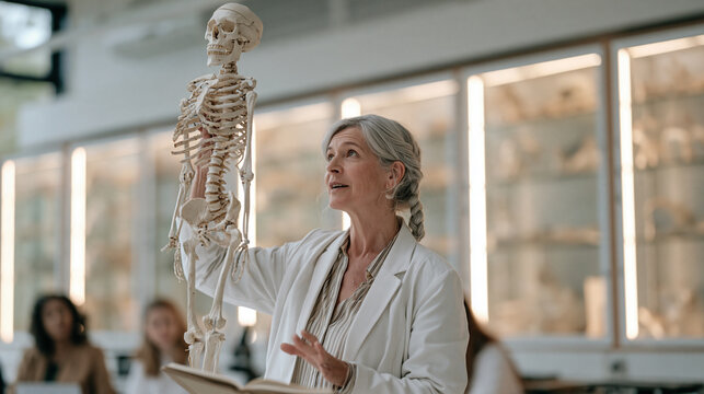 A woman with silver braided hair teaches a forensic anthropology module holding a replica skeletal model aloft in a clinical university lab classroom with illuminated specimen