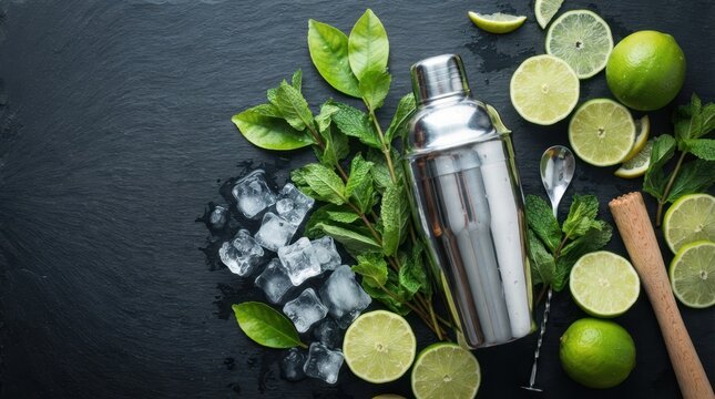 Stainless steel cocktail shaker with fresh lime slices and mint leaves on a dark slate surface