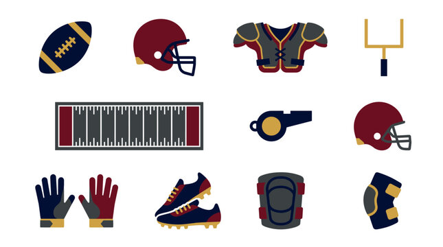 Set of American Football Equipment Icons Including Helmet Ball Jersey and Field Illustrations