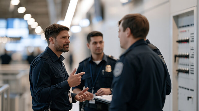 An airport security screening officer debriefs colleagues after a complex shift in an empty terminal corridor, a large control panel with switches visible along the far wall,