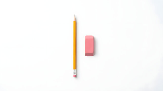 A yellow sharpened pencil stands vertically next to a pink block eraser isolated on a clean white background.
