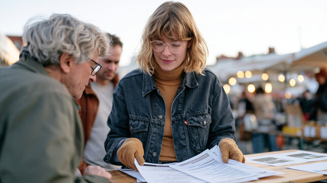 A grant writer at a vibrant outdoor market shadows a senior colleague reviewing funding documents, gloved hands mid task sorting printed proposal pages, a solitary figure focused