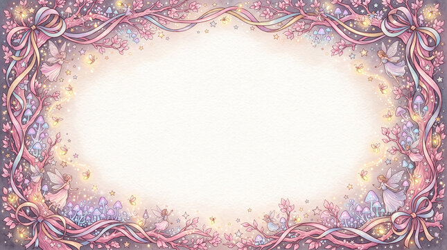 Enchanted fairy forest frame with magical glowing mushrooms, delicate ribbons, and sparkling stars in a whimsical watercolor illustration