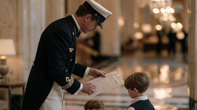 Hotel doorman in a grand marble lobby checks a safety protocol checklist, a small bandage on one finger from earlier polishing work, a child standing near his ankles watching from