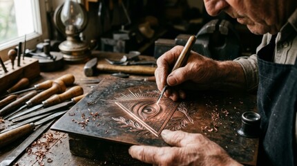 Fototapeta premium Close up of a skilled elderly artisan hands engraving a mystical Eye of Providence symbol into a copper plate using traditional metalworking tools in a rustic vintage workshop environment.