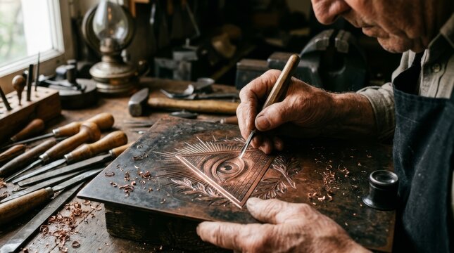 Close up of a skilled elderly artisan hands engraving a mystical Eye of Providence symbol into a copper plate using traditional metalworking tools in a rustic vintage workshop environment.