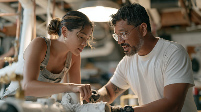 A radon mitigation installer patiently teaches a newly hired assistant the piping technique inside a vibrant basement workshop, a dusty PVC surface catching overhead light as the