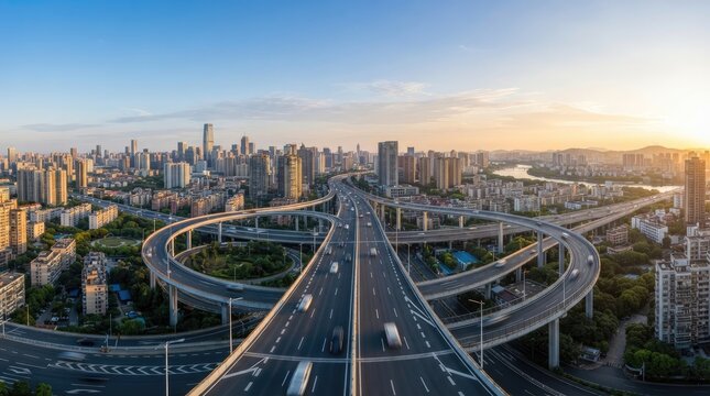 A wide-angle photograph captures a sprawling cityscape at sunrise. A multi-level highway system dominates the foreground, with a large circular overpass cutting through the center of the image.