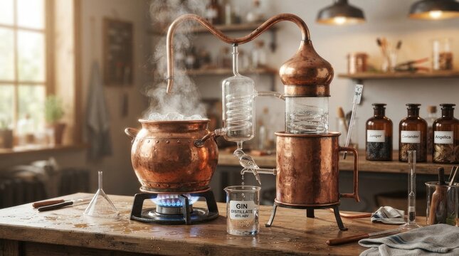 A copper still produces steam in a rustic kitchen.