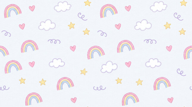 Cute pastel seamless pattern with rainbows, clouds, stars and hearts on light background