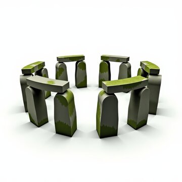 Full view of mosscovered stonehenge trilithon segment, ancient grey stones in circular arrangement isolated on white background