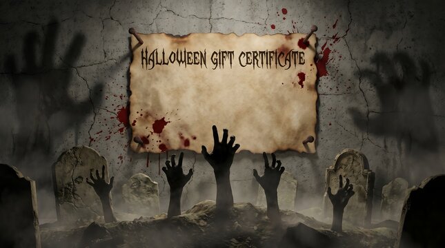 Halloween Gift Certificate on Aged Parchment Pinned to Cracked Wall in Spooky Graveyard with Rising Zombie Hands, Tombstones, Blood Splatter and Fog, Horror Template