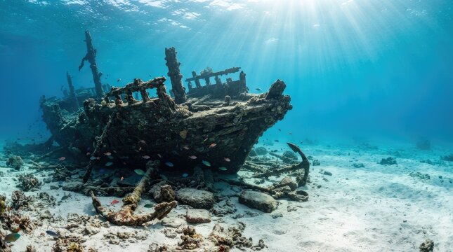 Sunlight penetrates the turquoise water, illuminating a sunken shipwreck resting on a sandy seabed. Coral and marine life inhabit the decaying vessel, which features a mast, hull, and anchors.