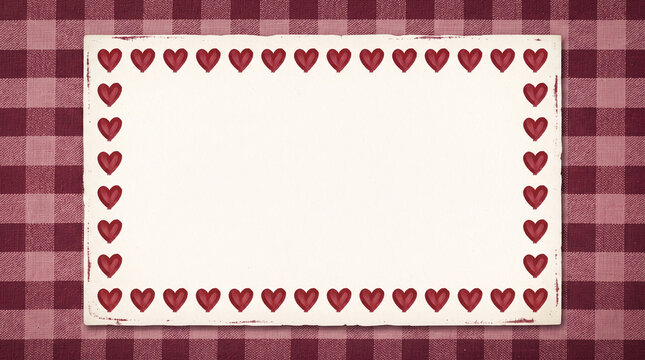 Decorative frame with red hearts on a white paper texture over a dark red checkered fabric background