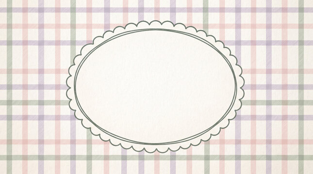 Pastel plaid pattern background with a decorative scalloped oval frame in the center for text or design elements