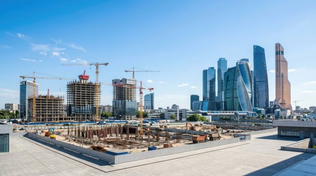 Several construction cranes dominate a cityscape skyline. Construction sites are visible in the foreground, with concrete foundations and building materials.