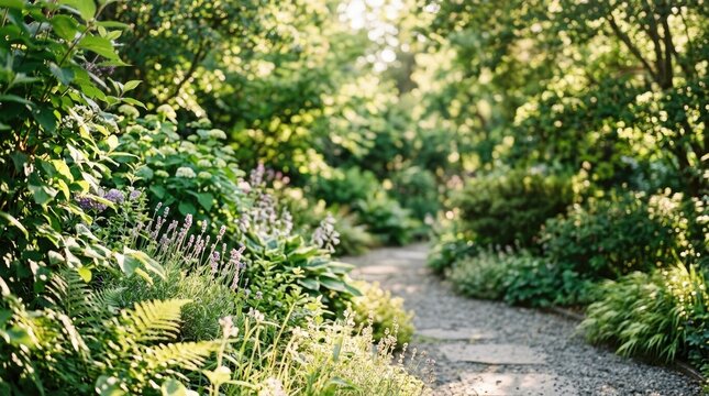 Sunlight streams through a lush, overgrown garden path. A gravel pathway winds through dense foliage, leading deeper into the green space.