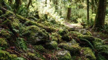 Fototapeta premium Moss-covered rocks and logs form a winding path through a lush, green forest. Sunlight filters through the dense canopy, illuminating the vibrant green moss and ferns.