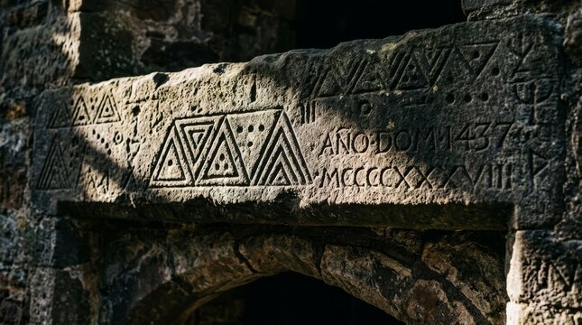 Close up shot of a weathered ancient stone lintel featuring dramatic carvings, geometric triangular patterns, historical inscription 'A&ntilde;o Dom 1437', and Roman numerals from the medieval period.