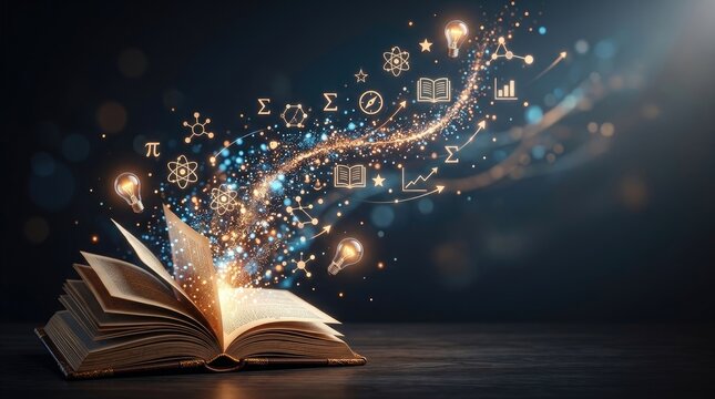 A magical book bursts open, releasing a stream of light and knowledge represented by icons, equations, and glowing bulbs.