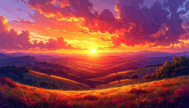 A breathtaking sunset paints the sky with fiery hues over rolling hills.