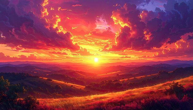A vibrant sunset paints the sky with fiery hues over rolling hills.
