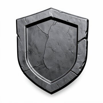 Digital stone shield icon with beveled carving, highcontrast shading, textured protection emblem on white background for security ui