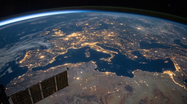Breathtaking orbital view of Earth at night, featuring illuminated Europe and North Africa, a vibrant tapestry of human civilization's lights observed from space