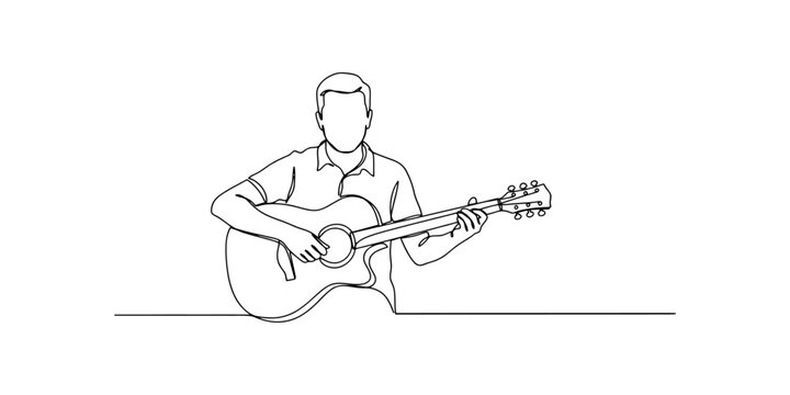 Continuous single line drawing of a man playing acoustic guitar