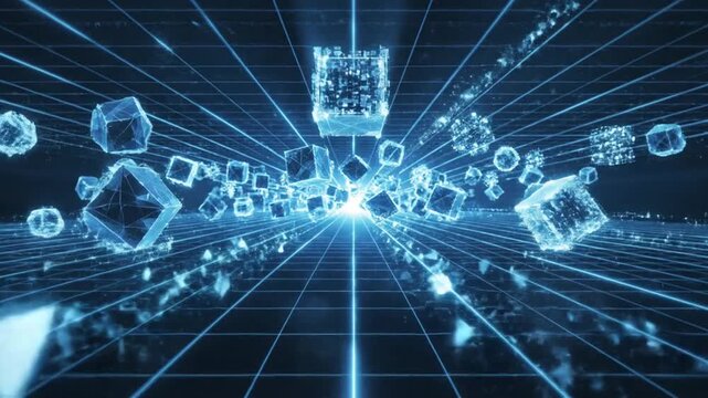 Blue glowing abstract geometric shapes float in a futuristic wireframe grid cyberspace with a central light source