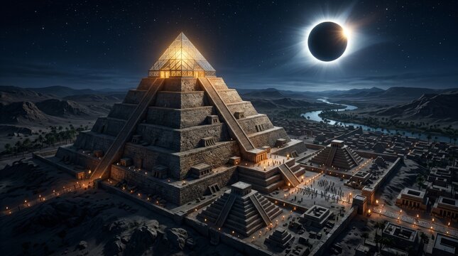 Majestic 3D rendering of a monumental stone ziggurat pyramid with a glowing glass capstone during a total solar eclipse in a starry night sky, overlooking a desert valley and a winding river.