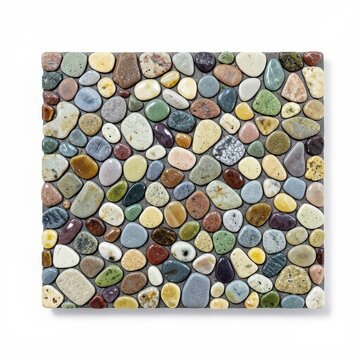 Rectangular decorative stone mosaic tile with colorful natural pebbles embedded in resin on white background