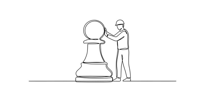 Continuous line drawing of a construction worker moving a large chess pawn