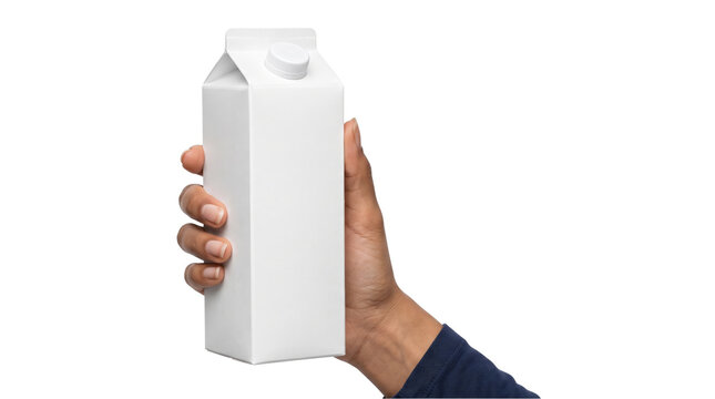 Blank white milk carton with a screw cap gripped firmly by a hand isolated with a transparent background PNG for commercial design use