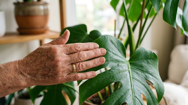 Elderly woman hand touching large green monstera leaf in home interior