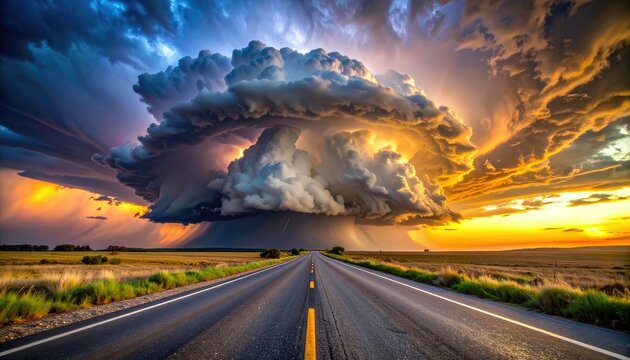 A dramatic storm front approaches over a desolate highway at sunset.